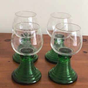Vintage Roemer Four (4) German Wine Glass Etched Grapes Vines Bee Hive Bottom